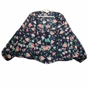 Time and Tru Women’s Black Floral Long Sleeve Blouse Open Front Sheer Size S